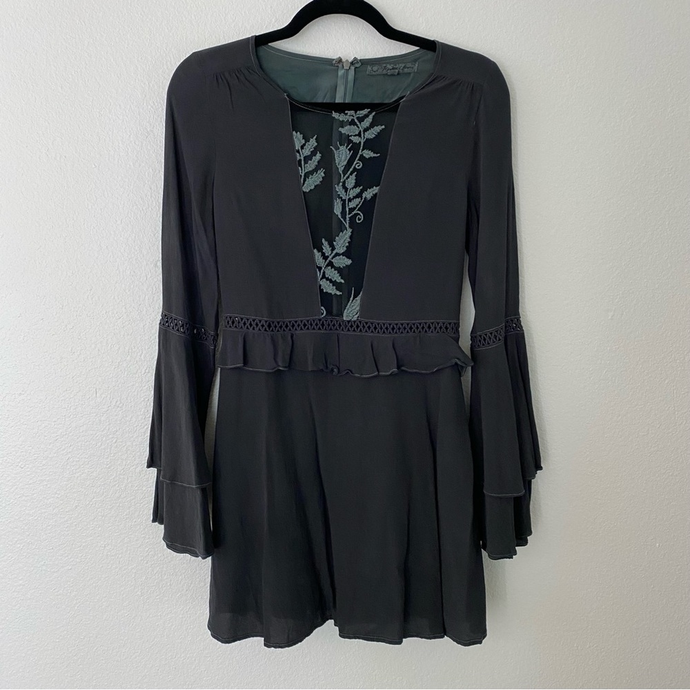 For Love & Lemons Size S Floral Sheer Cutout Long Sleeve Mini Dress Bell Sleeve